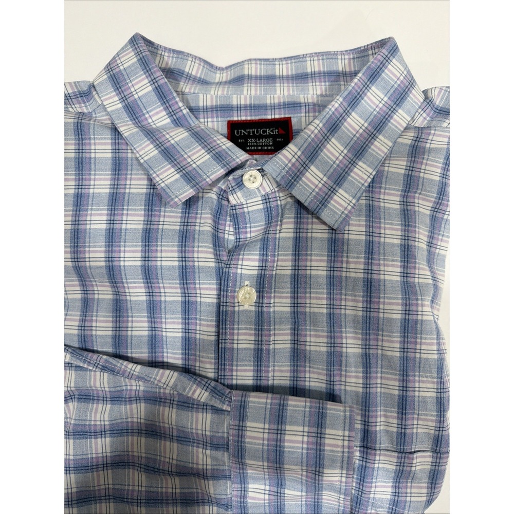 UNTUCKit Blue Purple White Plaid Check Ribbed 100% Cotton Button Down Shirt XXL